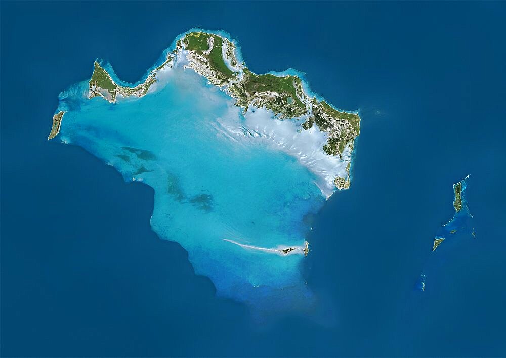 Satellite view of Turks and Caicos Islands. This image was compiled from data acquired by Landsat satellites.