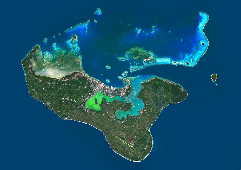 Satellite view of Tongatapu, the largest island of Tonga archipelago. This image was compiled from data acquired by Landsat 8 satellite in 2014.