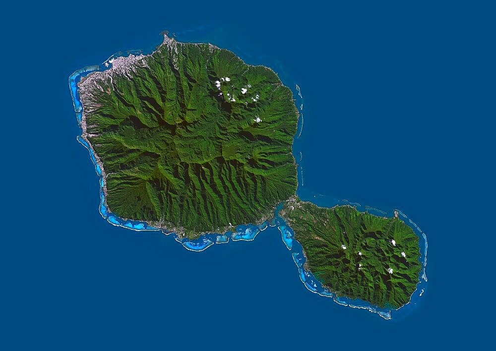 Satellite view of Tahiti, French Polynesia. This image was compiled from data acquired by Landsat 8 satellite in 2014.