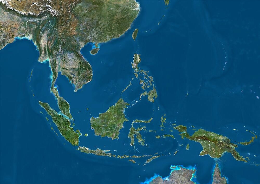 Satellite view of Southeast Asia. This image was compiled from data acquired by Landsat 7 & 8 satellites.