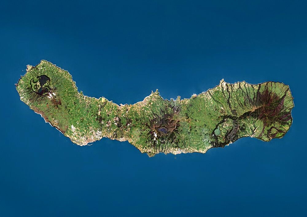 Satellite view of Sao Miguel Island, Azores, Portugal. It is the largest and most populous island in the Azores archipelago. This image was compiled from data acquired by Landsat satellites.