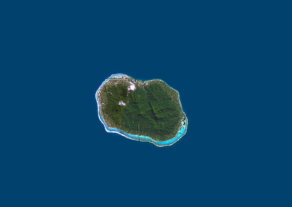 Satellite view of Rarotonga, Cook Islands. This is the most populous island of the Cook Islands. This image was compiled from data acquired by Landsat 8 satellite in 2014.