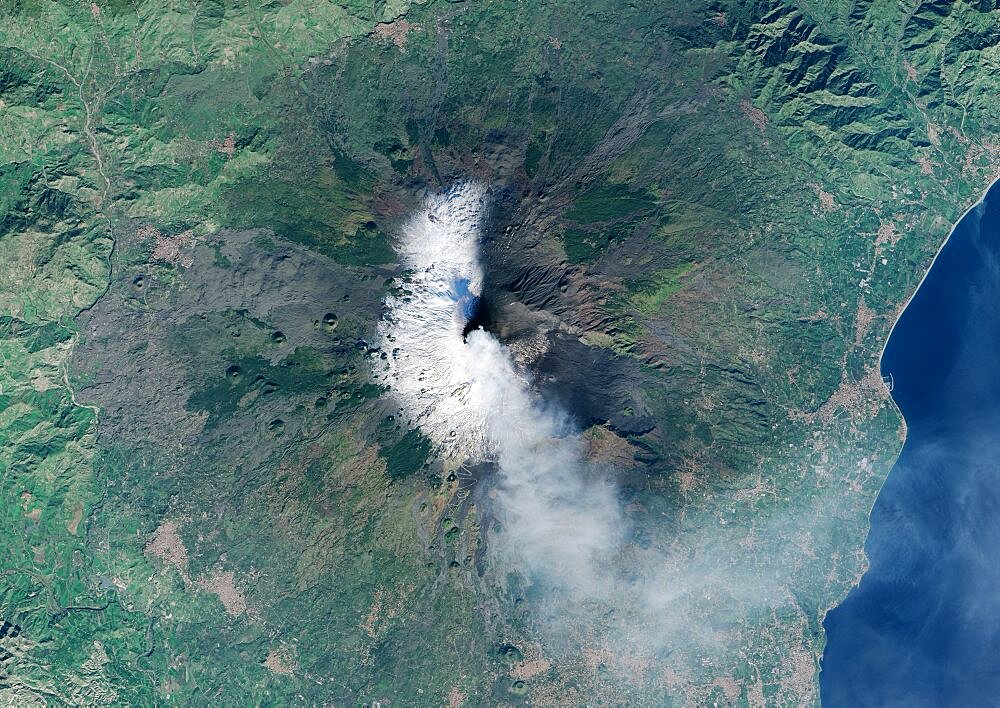 Satellite view of Eruption at Mount Etna, Sicily. This image was taken on December 3, 2015 by Landsat 8 satellite.