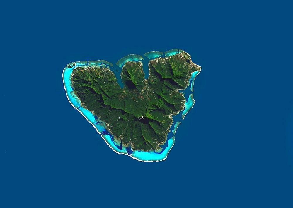 Satellite view of Moorea, French Polynesia. This image was compiled from data acquired by Landsat 8 satellite in 2014.