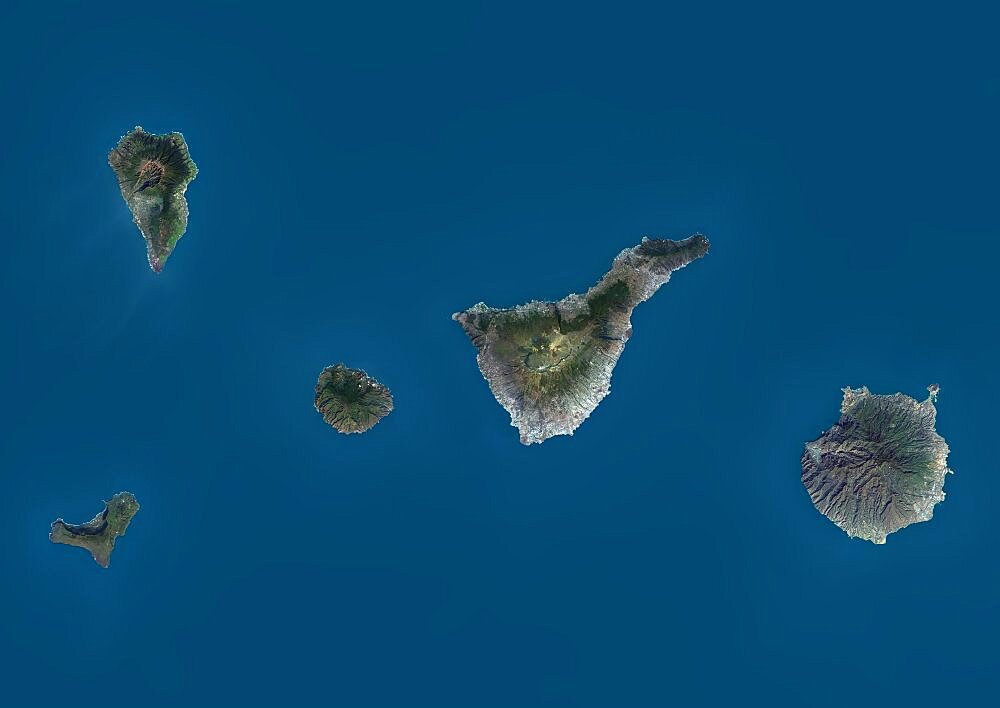 Satellite view of La Palma, Tenerife and Gran Canaria, Canary Islands, Spain. The smallest islands of La Gomera and El Hierro are also shown. This image was compiled from data acquired by Landsat 8 satellite in 2014.