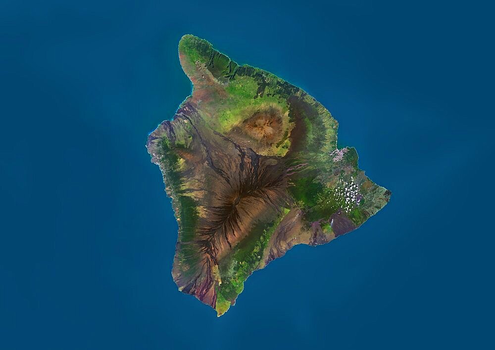 Satellite view of the Island of Hawaii, USA. The island is formed of five volcanoes, Mauna Loa being the largest. This image was compiled from data acquired by Landsat 8 satellite in 2014.