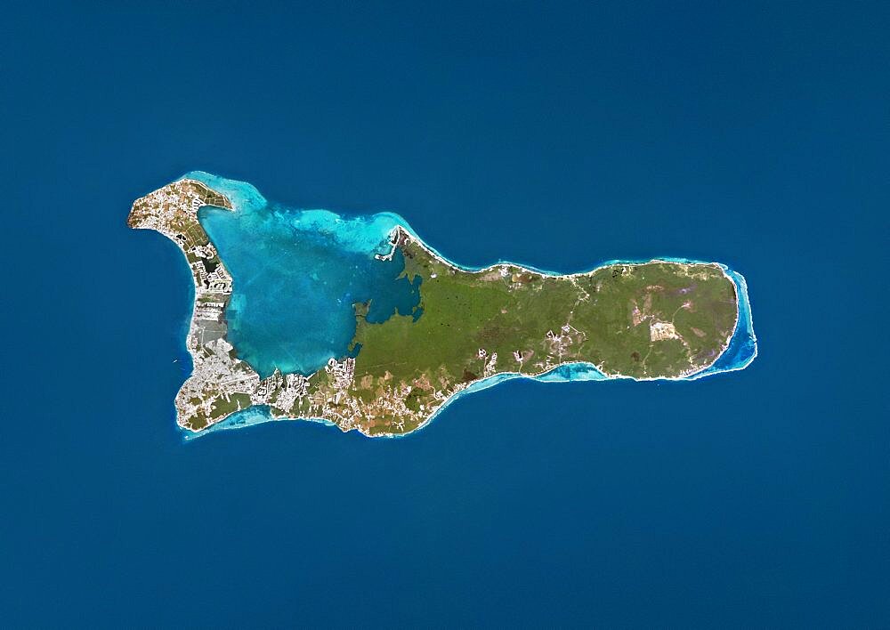 Satellite view of Grand Cayman. It is the largest of the three Cayman Islands. This image was compiled from data acquired by Landsat satellites.