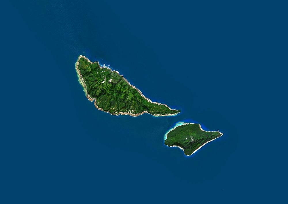 Satellite view of Futuna and Alofi Islands, part of Wallis and Futuna islands. This image was compiled from data acquired by Landsat 8 satellite in 2014.