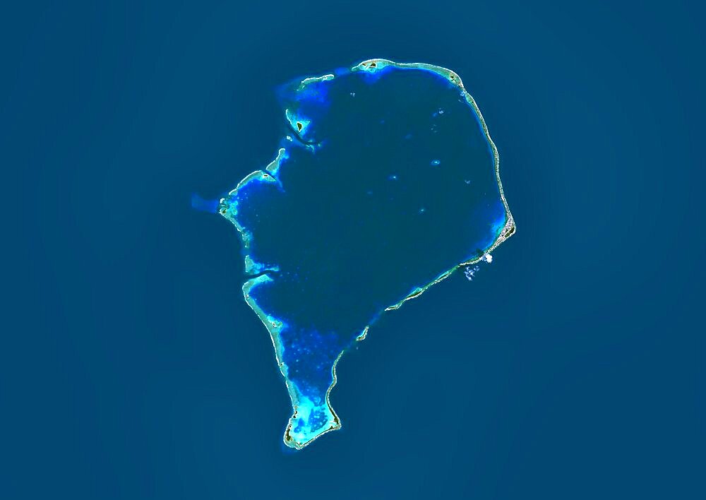 Satellite view of Funafuti, an atoll on which the capital of the island nation of Tuvalu is located. This image was compiled from data acquired by Landsat 8 satellite in 2014.