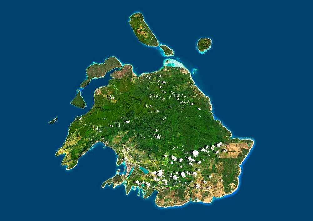 Satellite view of Efate, Vanuatu. It is the most populous island of Vanuatu archipelago. This image was compiled from data acquired by Landsat 8 satellite in 2014.