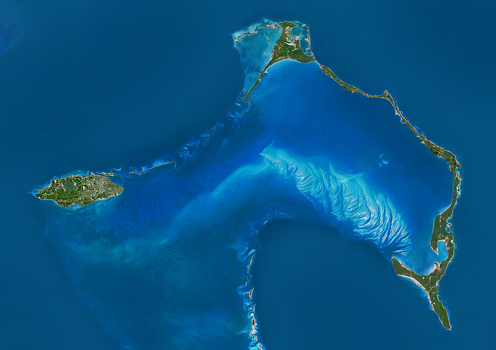 Satellite view of New Providence and Eleuthera Island, Bahamas. New Providence is the most populous island in the Bahamas and it houses the capital city of Nassau