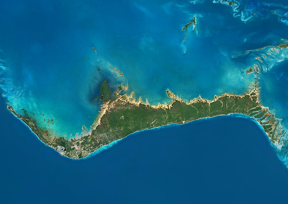 Satellite view of Grand Bahama, Bahamas. This image was compiled from data acquired by Landsat satellites.