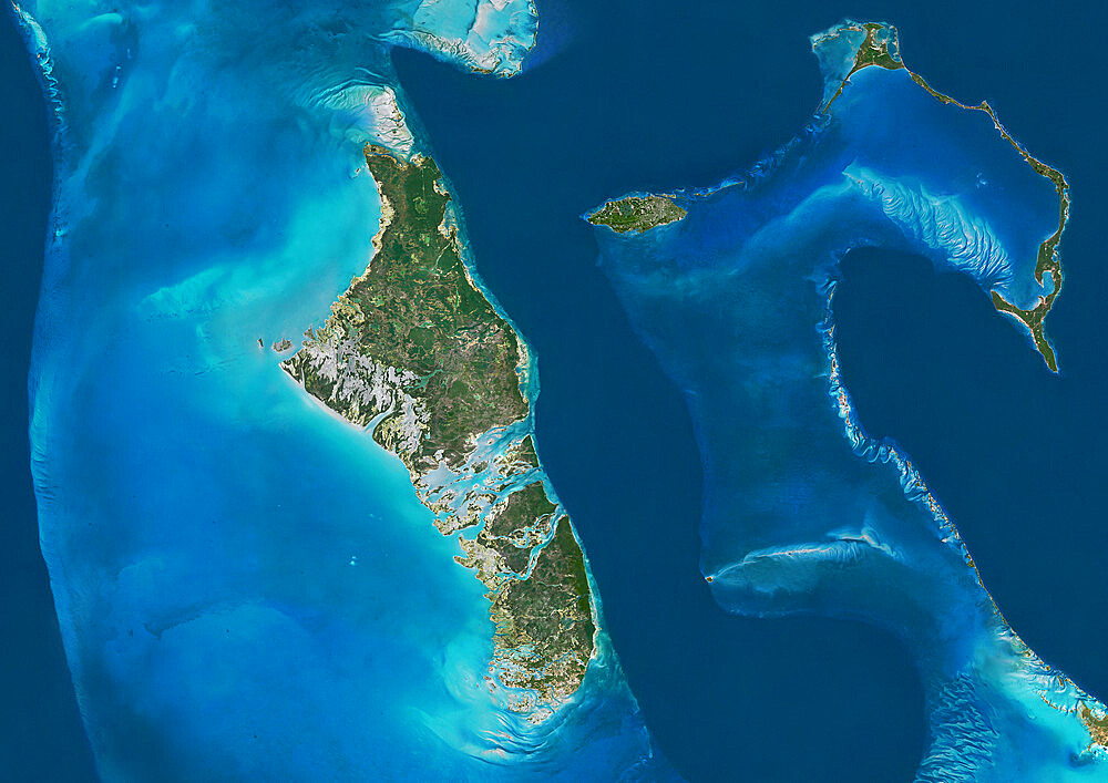 Satellite view of Andros, New Providence and Eleuthera Islands, Bahamas. New Providence is the most populous island in the Bahamas and it houses the capital city of Nassau. This image was compiled from data acquired by Landsat satellites.