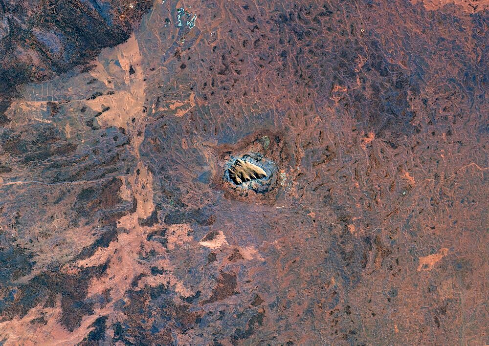 Satellite view of Uluru Ayers Rock, Northern Territory, Australia. This image was compiled from data acquired by Landsat satellites.