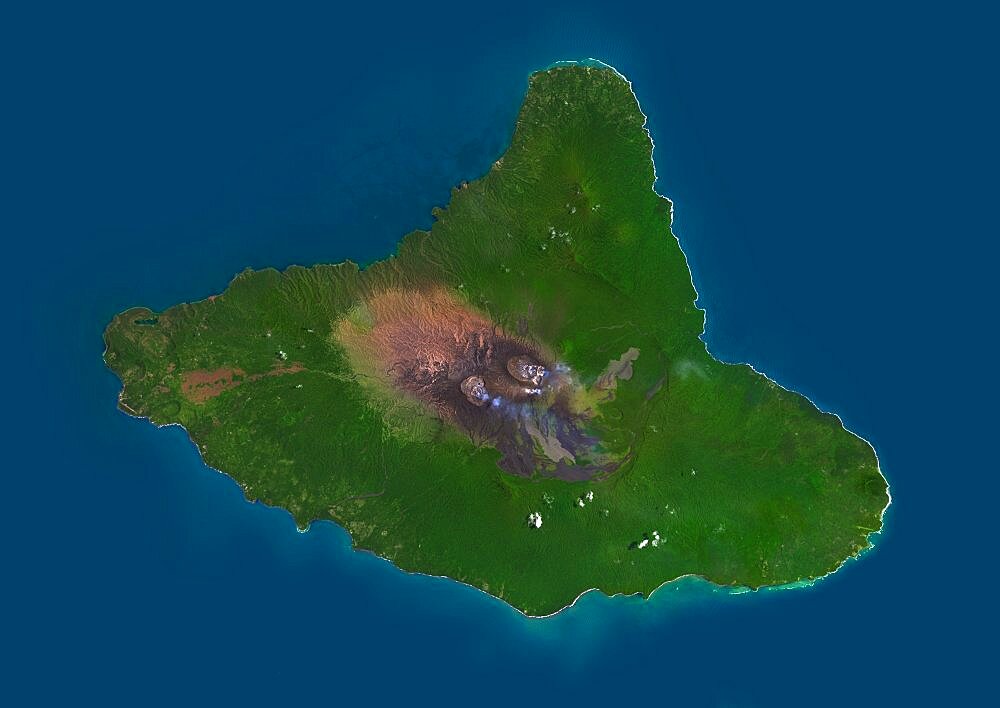 Satellite view of Ambrym, a volcanic island in the archipelago of Vanuatu. This image was compiled from data acquired by Landsat 8 satellite in 2014.