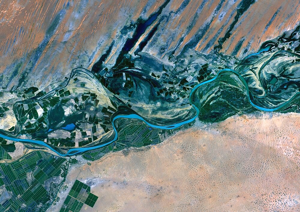 Satellite view of Senegal River that forms the border between Senegal and Mauritania in West Africa.This image was taken in 2014 by Landsat 8 satellite.