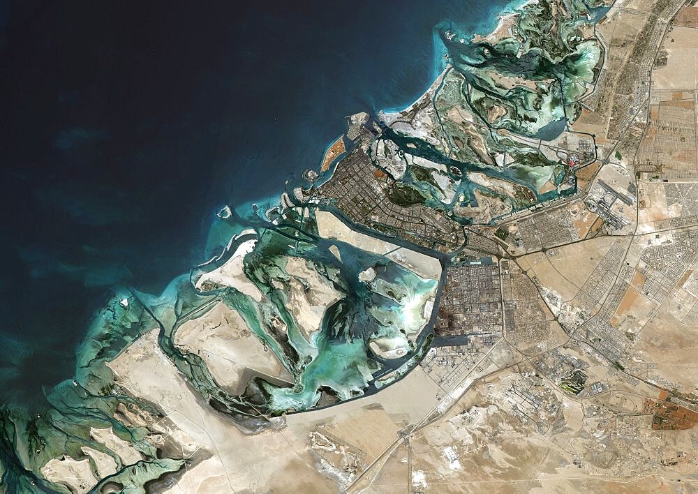 Satellite image of Abu Dhabi, United Arab Emirates, taken on June 26, 2014 by the satellite Landsat 8. The territory covered is 78 km x 55 km.