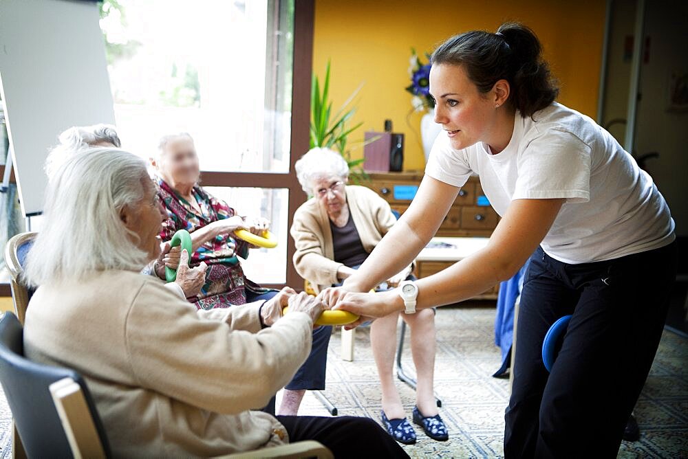 Reportage in Chelles Manor (retirement home), France. Gym lessons for residents suffering from Alzheimer's disease.