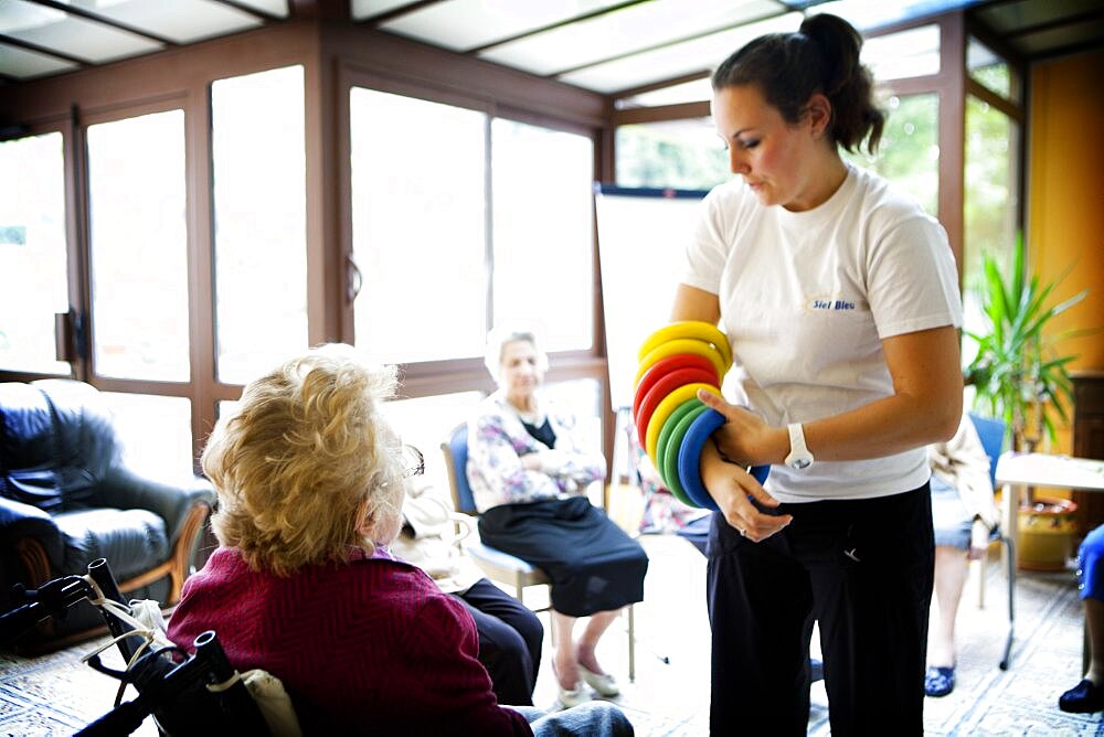 Reportage in Chelles Manor (retirement home), France. Gym lessons for residents suffering from Alzheimer's disease.