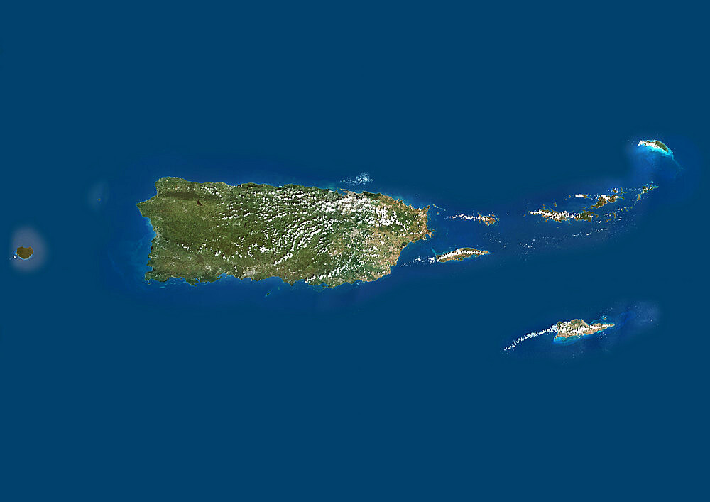 Puerto Rico And The Virgin Islands, True Colour Satellite Image. Puerto Rico and the Virgin Islands. True colour satellite image showing Puerto Rico (west) and the Virgin islands (east). Composite image using data from LANDSAT 5 & 7satellites.