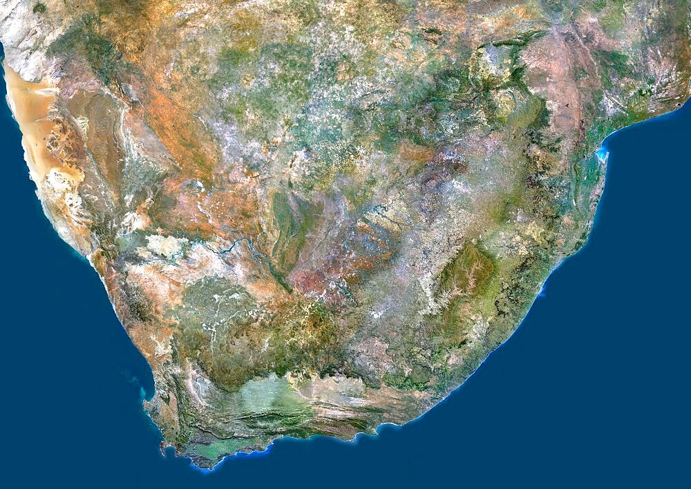 South Africa, True Colour Satellite Image. South Africa, true colour satellite image. This image was compiled from data acquired by LANDSAT 5 & 7 satellites.