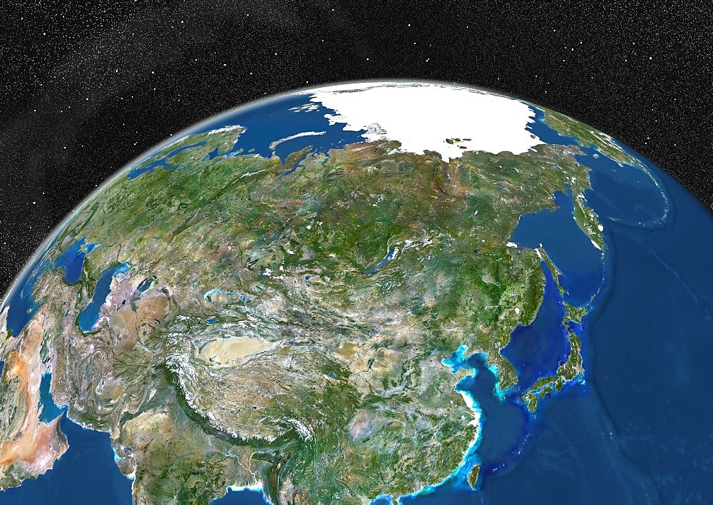 Globe Showing Asia, True Colour Satellite Image. True colour satellite image of the Earth showing Asia and the North Pole. This image in orthographic projection was compiled from data acquired by LANDSAT 5 & 7 satellites.