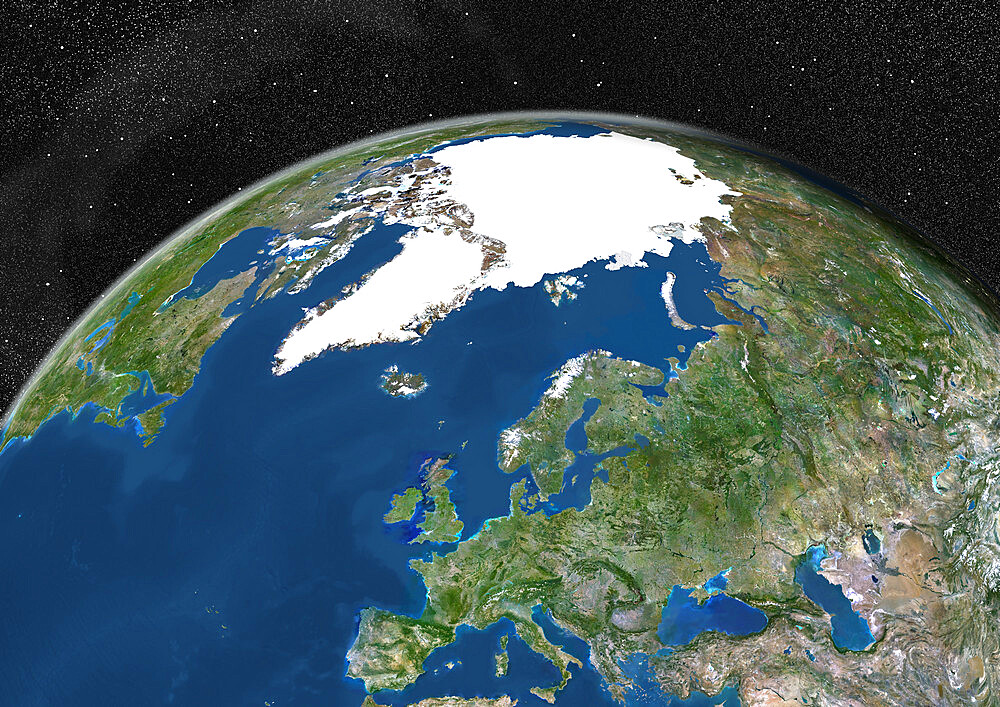 Globe Showing Europe, True Colour Satellite Image. True colour satellite image of the Earth showing Greenland, the North Pole and Europe. This image in orthographic projection was compiled from data acquired by LANDSAT 5 & 7 satellites.