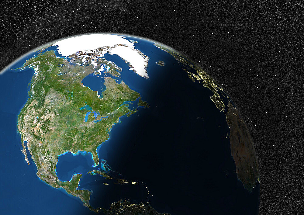 Globe Showing Northern America, True Colour Satellite Image. True colour satellite image of the Earth showing Northern America, half in shadow. This image in orthographic projection was compiled from data acquired by LANDSAT 5 & 7 satellites.