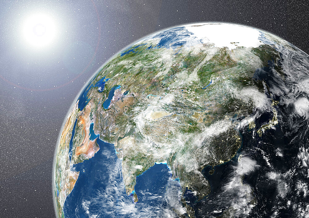 Globe Showing Asia, True Colour Satellite Image