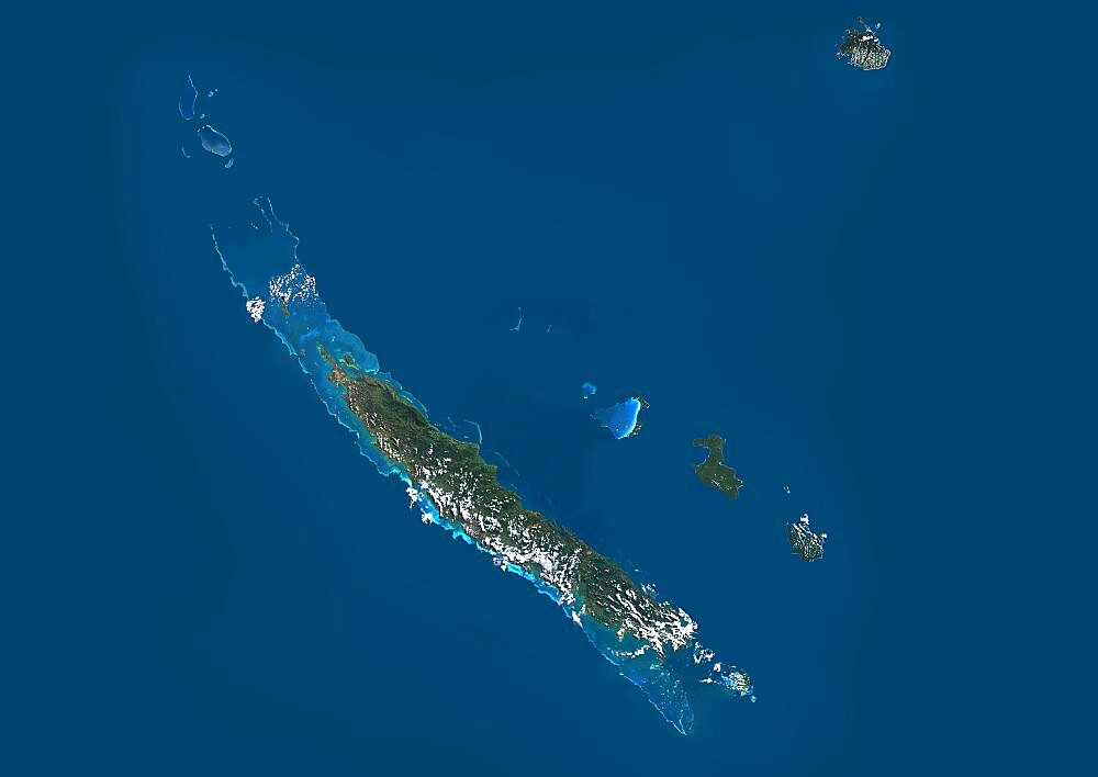 New Caledonia, French Overseas, Oceania, True Colour Satellite Image. Satellite view of New Caledonia, France. This image was compiled from data acquired by LANDSAT 5 & 7 satellites.