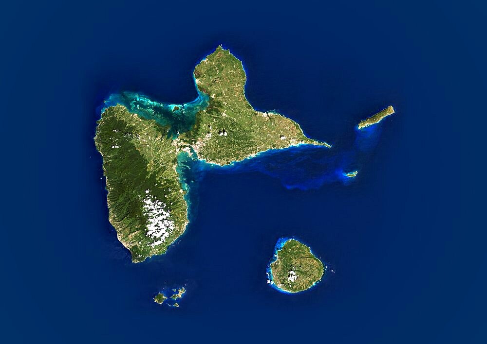 Guadeloupe, French Overseas, Caribbean, True Colour Satellite Image. Satellite view of Guadeloupe, France. This image was compiled from data acquired by LANDSAT 5 & 7 satellites.