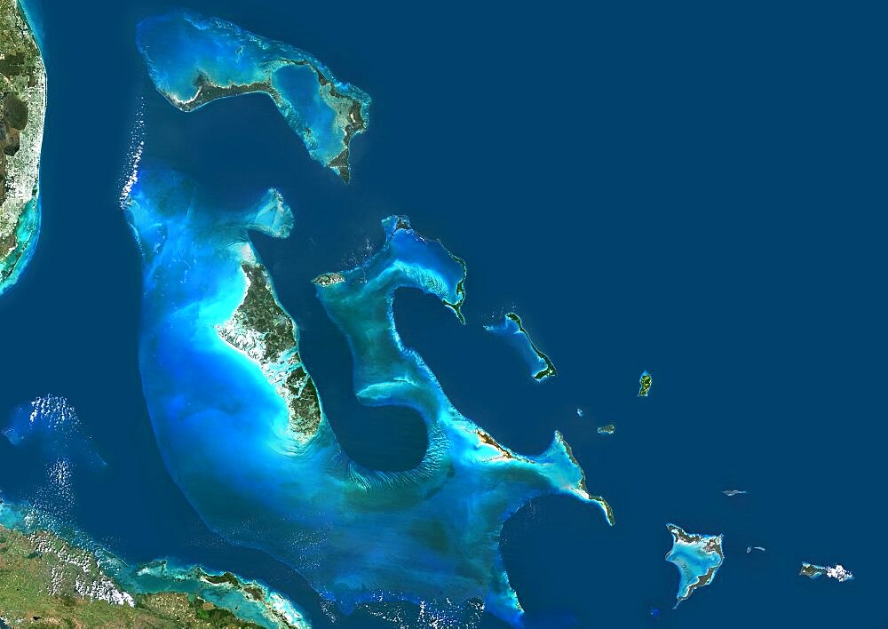 Bahamas, True Colour Satellite Image. Satellite view of the Bahamas. This image was compiled from data acquired by LANDSAT 5 & 7 satellites.