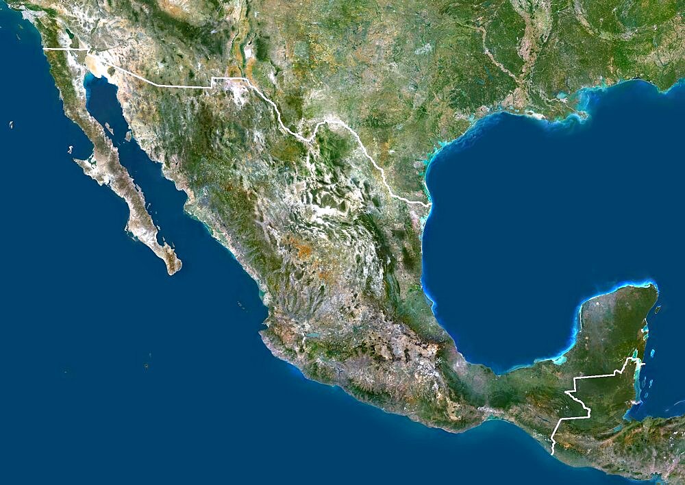 Mexico, North America, True Colour Satellite Image With Border. Satellite view of Mexico (with border). This image was compiled from data acquired by LANDSAT 5 & 7 satellites.