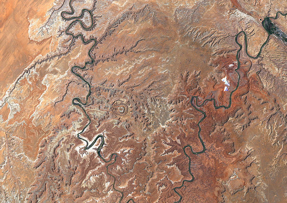 Upheaval Dome Meteor Impact Crater, Utah, Usa, True Colour Satellite Image. True colour satellite image of Upheaval Dome impact structure, Utah, US (age : 65 million years ; diameter : 5 km). Image taken on 17 June 1989 using LANDSAT data.