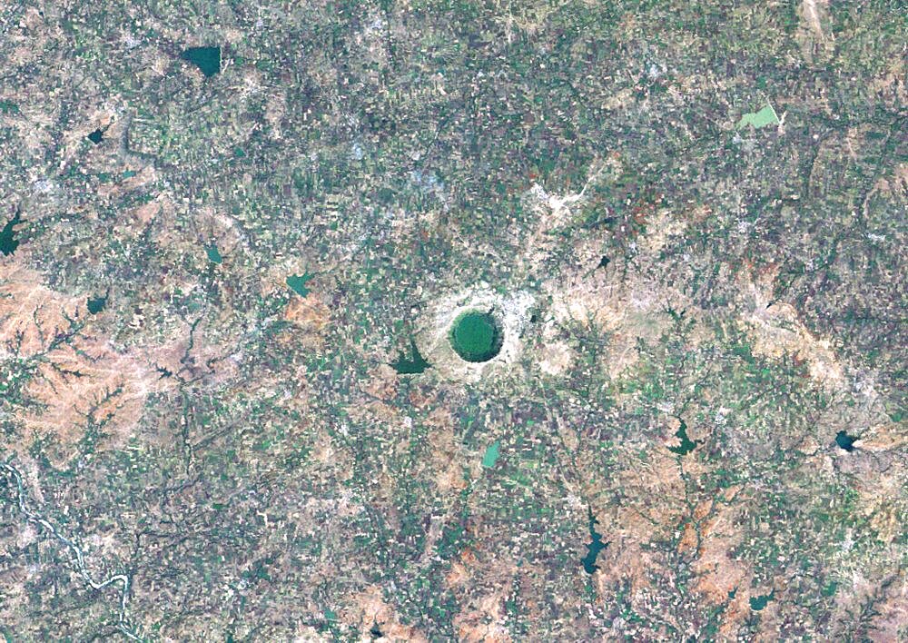 Lonar Meteor Impact Crater, India, True Colour Satellite Image. True colour satellite image of Lonar impact structure, India (diameter : 1,83 km). Image taken on 4 November 1992 using LANDSAT data.