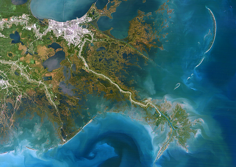 Mississippi River Delta, Louisiana, Usa, True Colour Satellite Image. True colour satellite image of the Mississippi River Delta