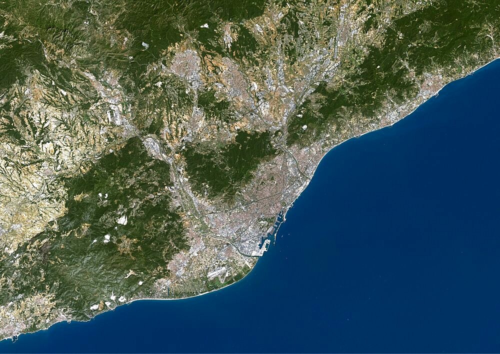 Barcelona, Spain, True Colour Satellite Image. Barcelona, Spain. True colour satellite image of Barcelona, taken on 10 August 2000, using LANDSAT 7 data.