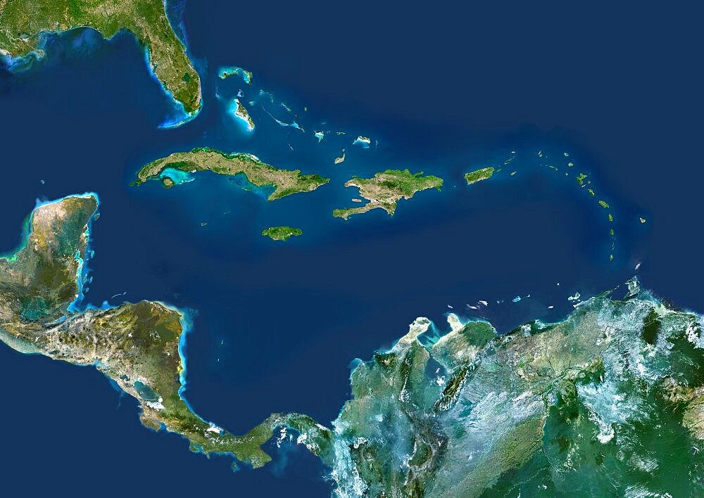 Caribbean Islands, True Colour Satellite Image. Caribbean Islands, true colour satellite image. This image was compiled from data acquired by LANDSAT 5 & 7 satellites.