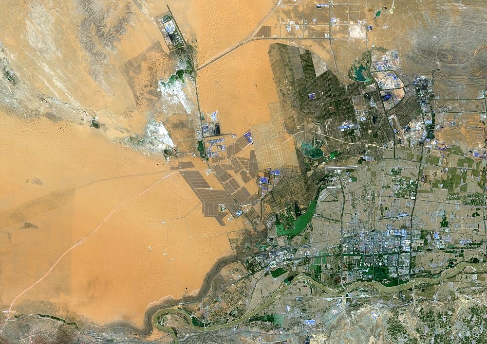 Color satellite image of Tengger Desert Solar Park in Zhongwei, Ningxia, China. Image collected on June 28, 2020 by Sentinel-2 satellites.