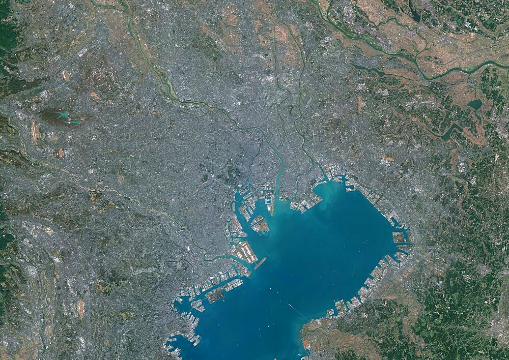 Color satellite image of Tokyo, Capital city of Japan. Image collected on December 14, 2019 by Sentinel-2 satellites.