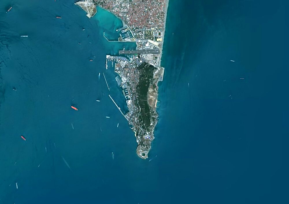 Color satellite image of Gibraltar, United Kingdom. Image collected on August 20, 2019 by Sentinel-2 satellites.