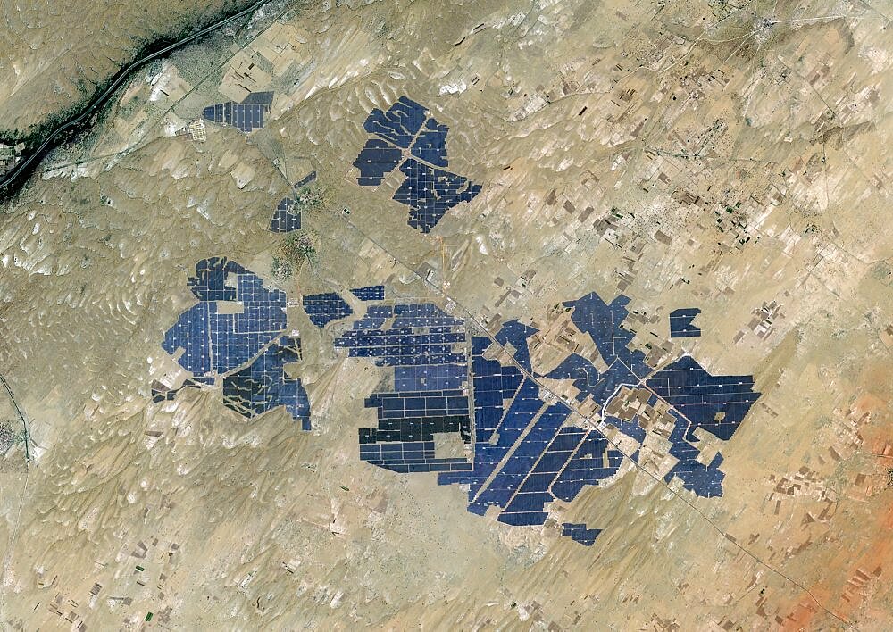 Color satellite image of Bhadla Solar Park, Jodhpur District, Rajasthan, India. Image collected on June 29, 2020 by Sentinel-2 satellites.