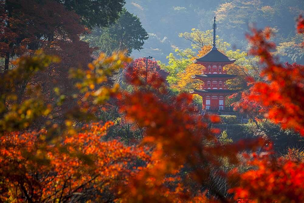 Pagoda, in Kiyomizu-dera temple, Kyoto. Kansai, Japan.