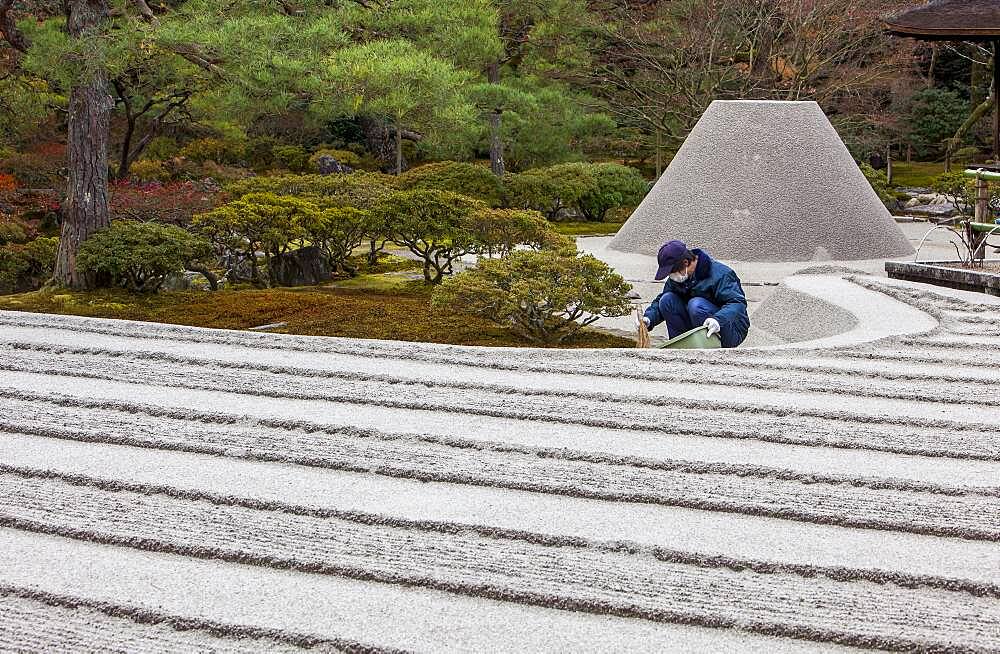 Gardener working,Zen garden symbolizing Mount Fuji and the sea, in Ginkaku ji temple, Kyoto, Kansai, Japan