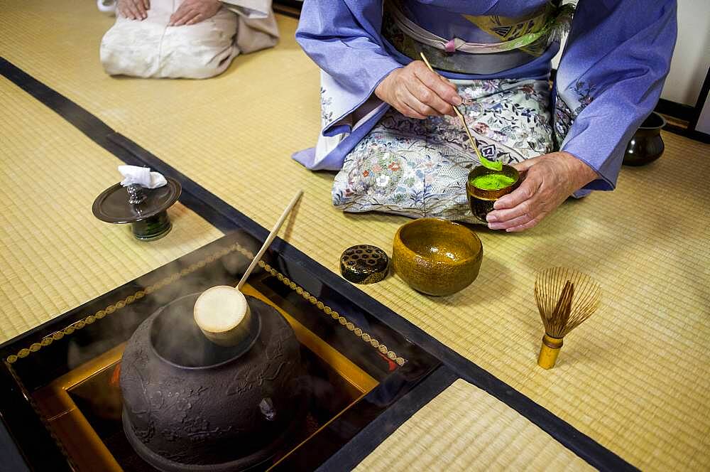 Tea ceremony with  iron teapot or tetsubin, in Cyu-o-kouminkan, Morioka, Iwate Prefecture, Japan