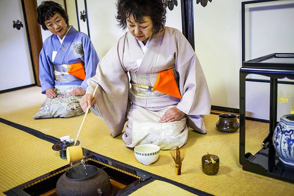 Tea ceremony with  iron teapot or tetsubin, in Cyu-o-kouminkan, Morioka, Iwate Prefecture, Japan