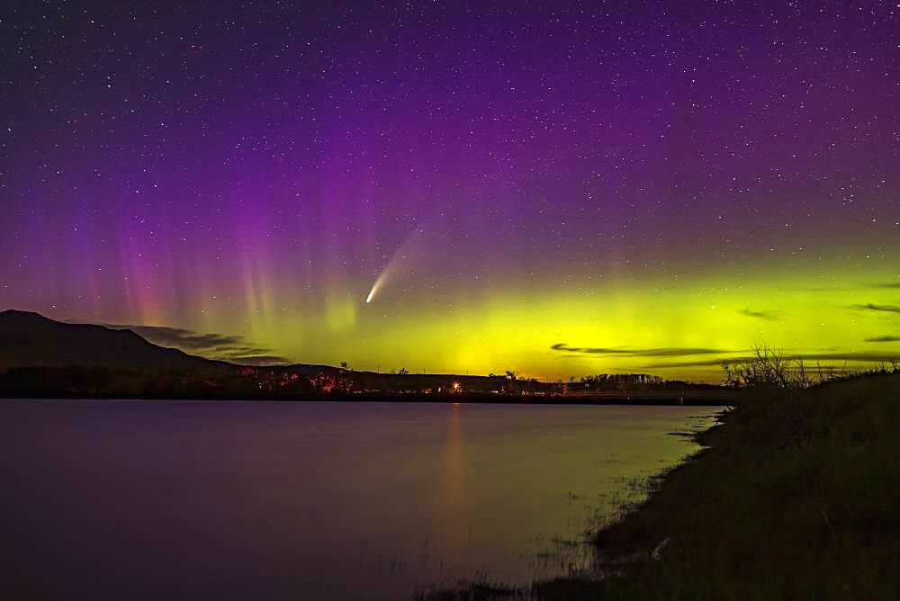 Comet NEOWISE (C/2020 F3) with the Northern Lights over the Waterton River at Waterton Lakes National Park, Alberta, on July 13-14, 2020. This was from the Maskinonge picnic area.