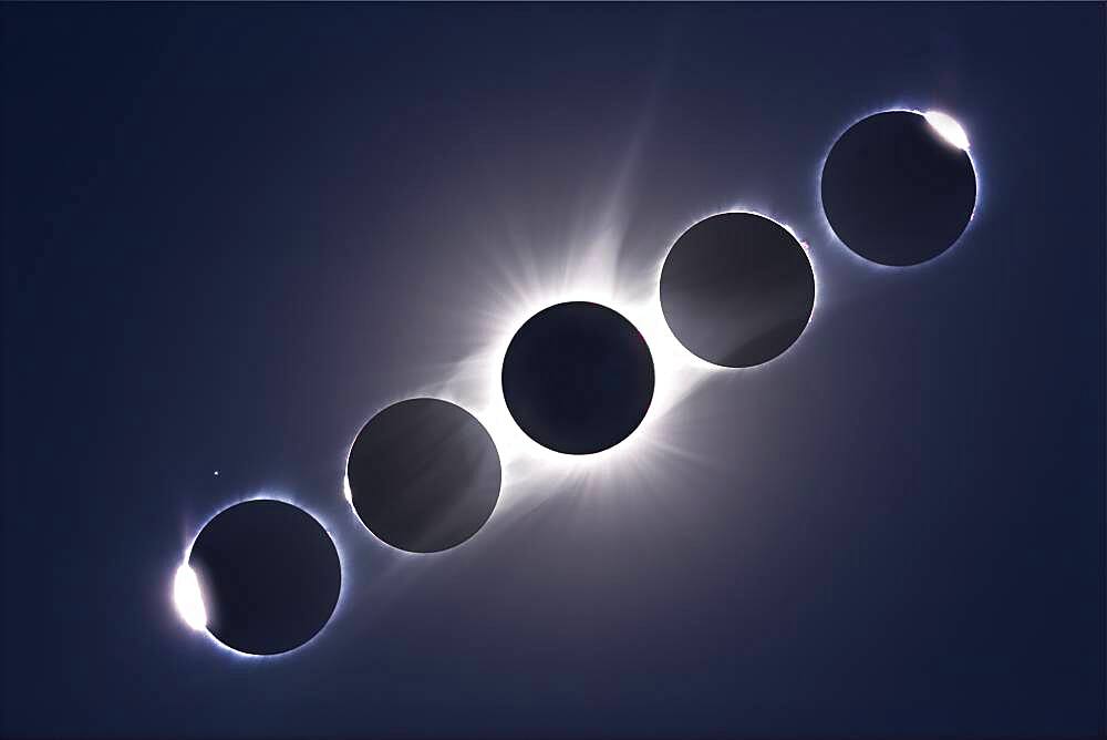 A composite of the August 21, 2017 total eclipse of the Sun, showing the second and third contact diamond rings and Baily's Beads at the start (left) and end (right) of totality, flanking a composite image of totality itself. The diamond ring and Baily's Beads images are single images.