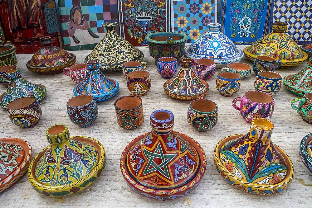 Tajine pottery for sale, souvenir shop, street market, in  Kasbah of the Udayas, Rabat. Morocco