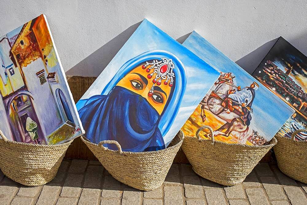 paintings, souvenir shop, Souika street, medina, Rabat. Morocco